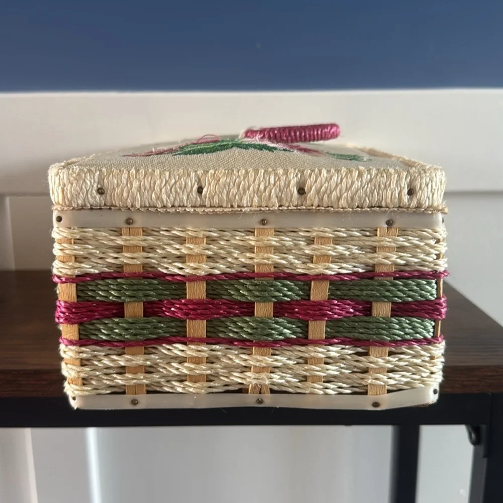 Vintage Wicker Sewing Box pink floral embroidered Lid with Built-in Pin Cushion